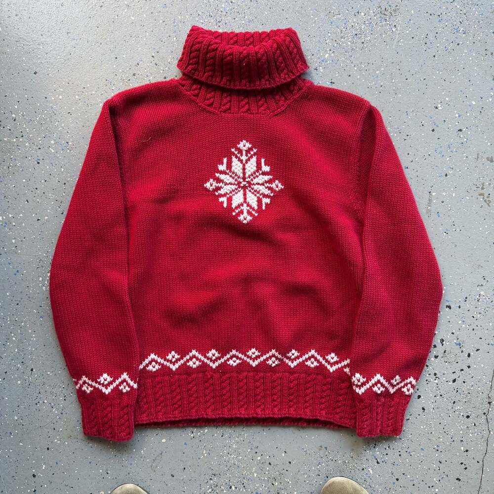 Lauren Ralph Lauren Hand Knit Cotton Berry Red Snowflake Turtleneck Sweater - Picture 6 of 7